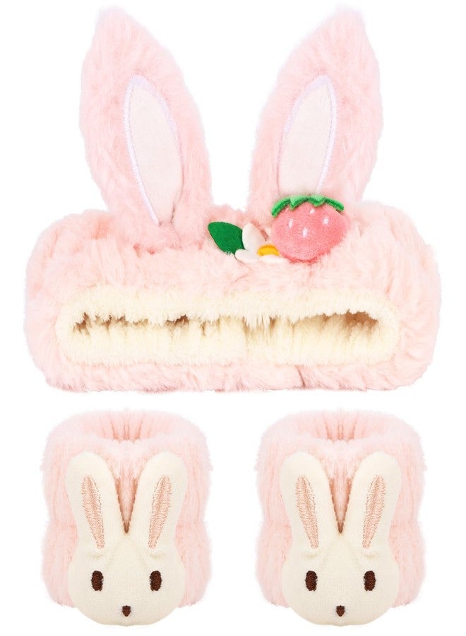 WHAVEL 3PCS Face Wash Headband and Wristband Set, Cute Rabbit Ears Headband for Washing Face Makeup Head band Wrist Towels Arm Bands (pink) - Image 1